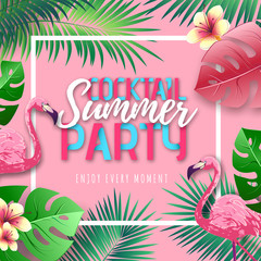 Wall Mural - summer cocktail party typography poster with flamingo and tropic leaves