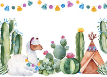 Party Invitation With Green Watercolor Cactus,succulents,flowers,garlands,teepee And Cute Llama.Birthday Card.Perfect For Your Project,wedding,print,baby Shower,bridal,template,invite And More.