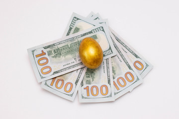 Golden egg are on banknotes. The concept of wealth, profitable deposits