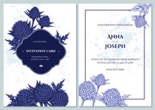 Wedding Invitation Card With Blue And White Globethistle