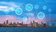 Technology digital circle with downtown Chicago cityscape skyline with Lake Michigan