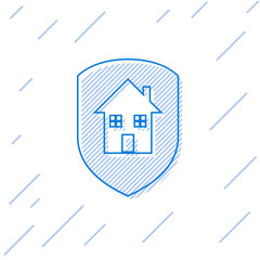 Blue House under protection line icon isolated on white background. Home and shield. Protection, safety, security, protect, defense concept. Vector Illustration