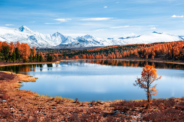 Kidelu lake in Altai mountains, Siberia, Russia. Beautiful autumn landscape. Famous travel destination