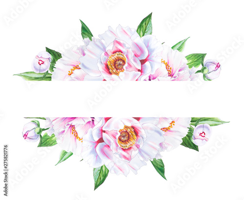 Beautiful white peony frame. Bouquet of flowers. Floral print. Marker drawing...