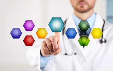 Doctor hand touch screen with colored empty symbols and icons for copy space on white background