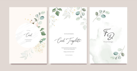 Set of card template with herbs, leaves.  Floral poster, invite. Vector decorative greeting card or invitation design background with watercolor