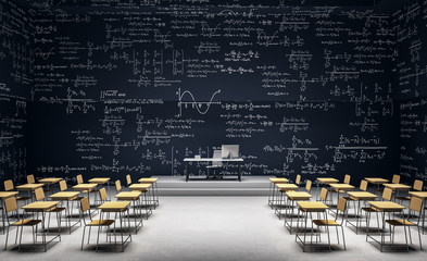 Modern classroom with math formulas