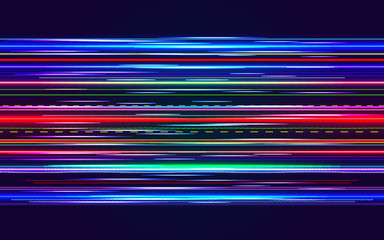 Abstract neon lines background with motion blur effects. Abstract Digital signal design. Blurred colorful neon lights and stripes moving fast. Futuristic energy technology concept. Vector illustration