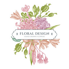 Wall Mural - Floral bouquet design with pastel japanese chrysanthemum, blackberry lily, eucalyptus flower