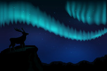 Landscapes Northern Lights In The Starry Sky And  With Silhouette Of Deer On Mountains. Vector Eps10