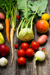 Canvas Print - fresh fruits and vegetables on old weathered wooden