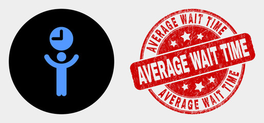 Wall Mural - Rounded time manager pictogram and Average Wait Time seal. Red rounded distress seal stamp with Average Wait Time text. Blue time manager symbol on black circle.