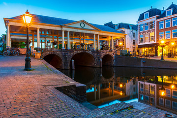 Wall Mural - Leiden city hall, canals, houses and koornbrug during dusk