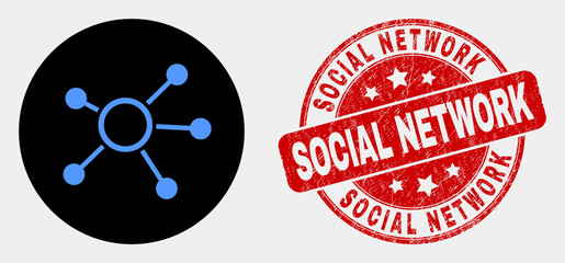 Wall Mural - Rounded links icon and Social Network seal stamp. Red rounded scratched seal stamp with Social Network text. Blue links symbol on black circle. Vector composition for links in flat style.