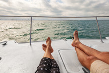 Yacht Boat Lifestyle Couple Relaxing On Cruise Ship In Hawaii Holiday . Two Tourists Feet Relax Getaway Enjoying Summer Vacation.