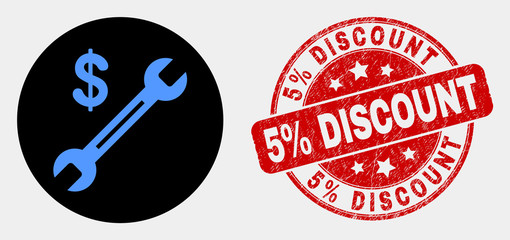 Rounded dollar wrench pictogram and 5% Discount stamp. Red rounded textured stamp with 5% Discount text. Blue dollar wrench symbol on black circle. Vector composition for dollar wrench in flat style.