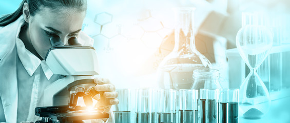 Poster - Research and development concept. Double exposure image of scientific and medical lab instrument, microscope, test tube and glass flask for microbiology and chemistry in laboratory for medicine study.