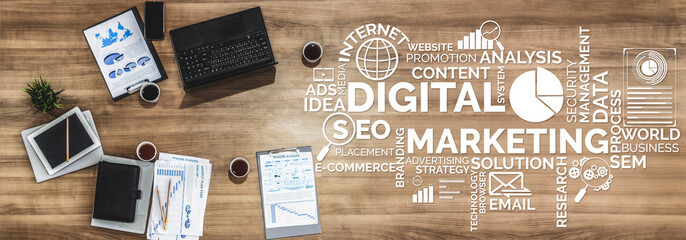 Poster - digital marketing technology solution for online business concept - graphic interface showing analyt