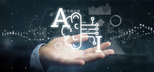 Poster - business man holding artificial intelligence icon with half brain and half circuit 3d rendering
