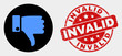 Rounded thumb down icon and Invalid seal stamp. Red round grunge seal stamp with Invalid caption. Blue thumb down icon on black circle. Vector composition for thumb down in flat style.