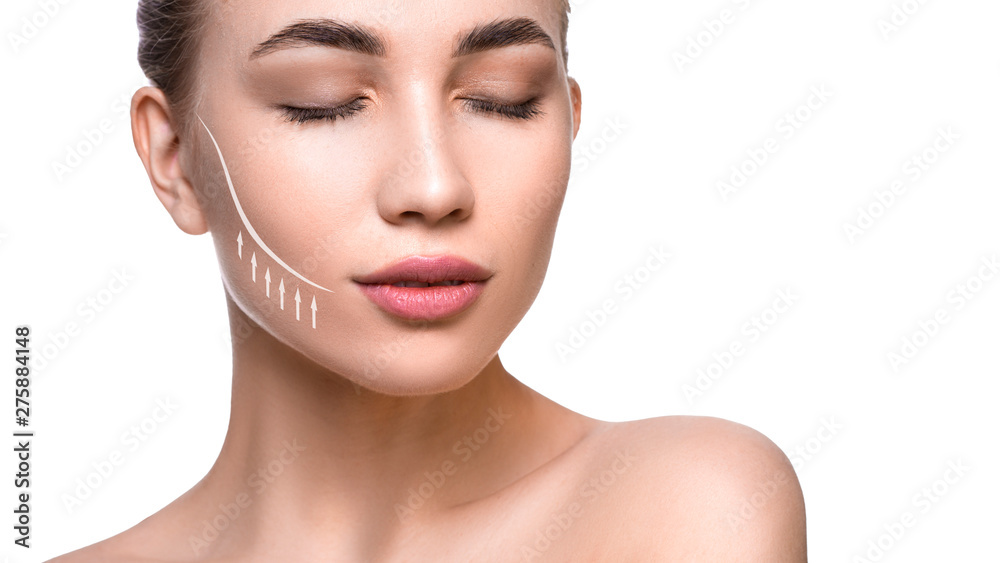 Close up portrait of a beautiful woman with lifting lines on the face. Face lifting and skin care concept - obrazy, fototapety, plakaty 