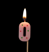 Burning Birthday Candle Isolated On Black Background, Number 0