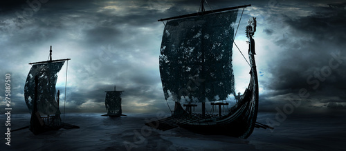 Fotomural Three drakkars sailing through the sea