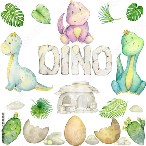 watercolor,  little dinosaur. isolated set. Fototapeta