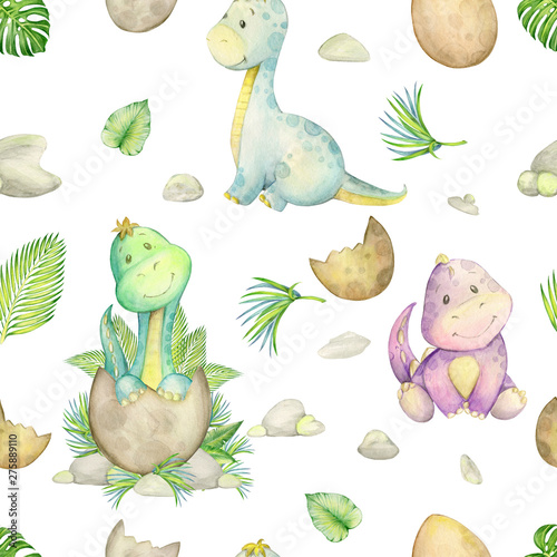 Fototapeta na wymiar watercolo, seamless pattern. little dinosaur. isolated