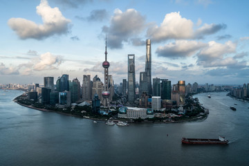 Wall Mural - aerial view of Lujiazui, Shanghai city, landmarks of Shanghai with Huangpu river in the afternoon