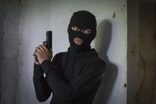 Man Robber Thief Wear Mask Holding Gun Hiding