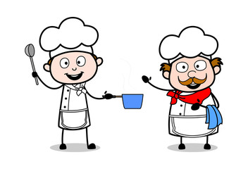 Wall Mural - Two Chef Preparing Food - Cartoon Waiter Male Chef Vector Illustration