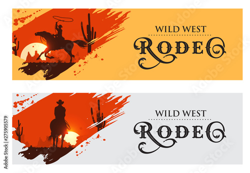 Photographie Cowboy banners, Rodeo cowboy riding horse, Vector Illustration