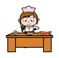 Wall Mural - Preparing Food - Retro Cartoon Waitress Female Chef Vector Illustration