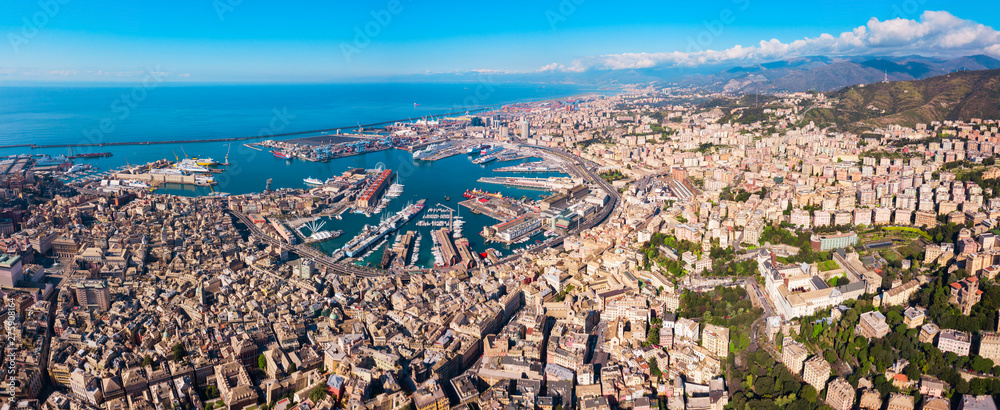 Genoa port aerial panoramic view - obrazy, fototapety, plakaty 