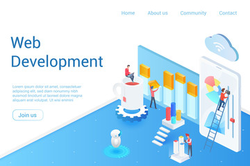 Poster - Web development isometric landing page vector template. App, software programming webpage design layout. Website optimization and customization 3d concept illustration. Digital technology, IT industry