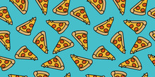 Pizza Pattern Drawing Background. Junk Food Seamless Hand Drawn For Wrapping And Decoration Print.