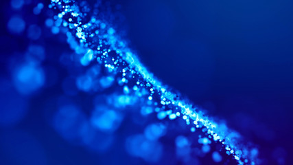 Wall Mural - Micro world. Glow blue particles on blue background are hanging in air for bright festive presentation with depth of field and light bokeh effects. Version 8