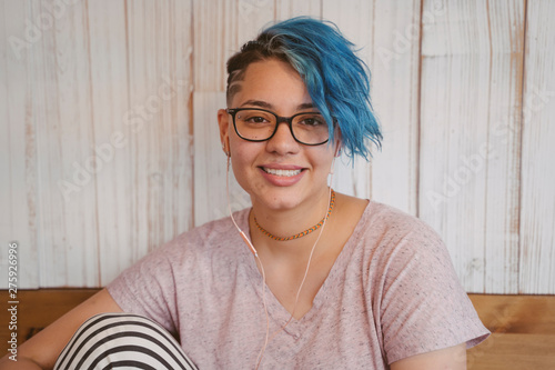 Stylish Blue Short Hair With A Lesbian Cut Buy This Stock Photo