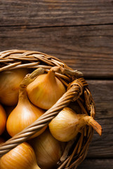 Poster - basket of onions on weathered wooden background