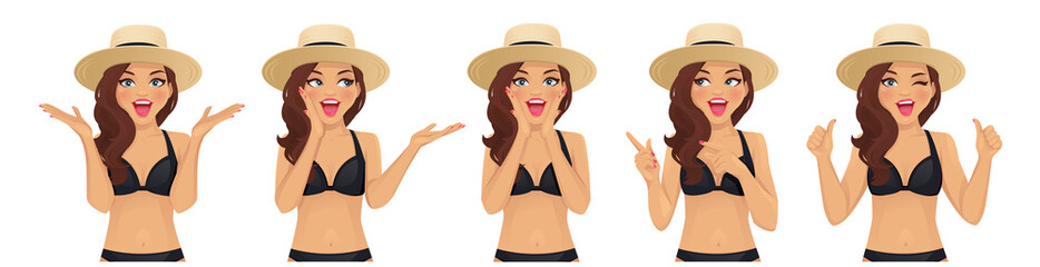 Surprised excited wave hairstyle woman in swimsuit and straw summer hat isolated vector illustration