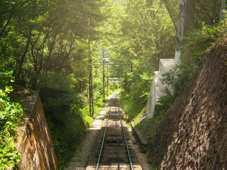 Empty railway of cable car for up to the top of the mountain.