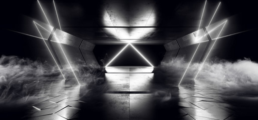 Smoke Neon Lights Futuristic Sci Fi White Dark Background Graphic Corridor Tunnel Spaceship Alien Garage Underground Shaped Lasers Glowing Grunge Concrete 3D Rendering