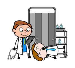 Wall Mural - Doctor Checking Report of Unconscious Patient - Professional Cartoon Doctor Vector Illustration