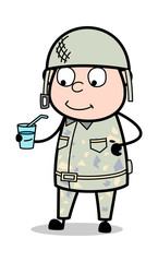 Wall Mural - Holding a Glass of Juice - Cute Army Man Cartoon Soldier Vector Illustration