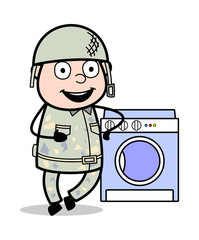 Wall Mural - Advertising Washing Machine - Cute Army Man Cartoon Soldier Vector Illustration