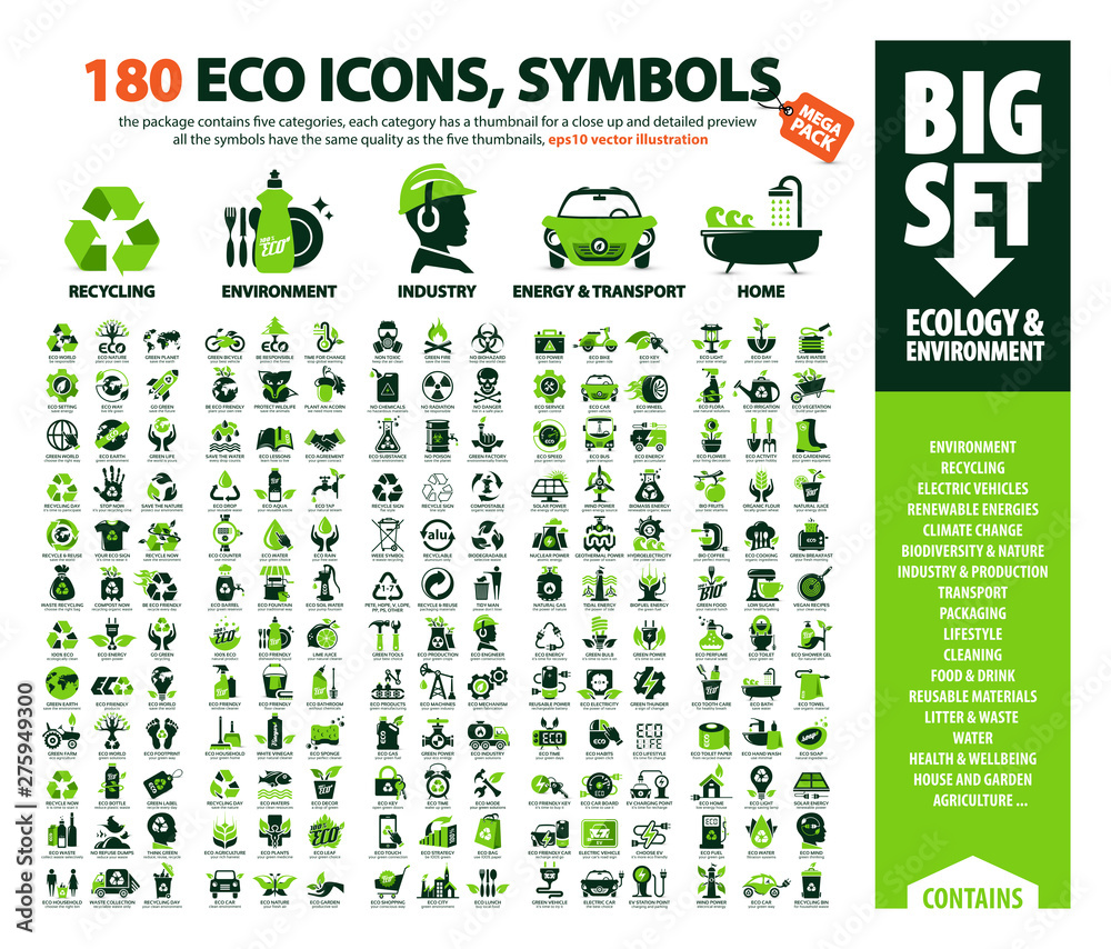 big vector set of Eco icons, huge pack of ecology & environment themes: alternative renewable energy sources, global warming, climate change, recycling, air pollution, plastic waste, greenhouse effect - obrazy, fototapety, plakaty 