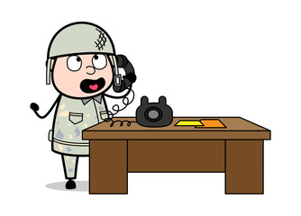 Wall Mural - Talking on Phone - Cute Army Man Cartoon Soldier Vector Illustration