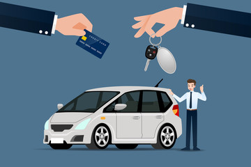 The car dealer's make an exchange, sale, rent between a car and the customer's credit card. Vector illustration design.