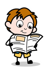 Sticker - Reading News - School Boy Cartoon Character Vector Illustration